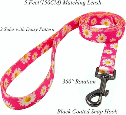 Dog Collar and Leash Set, Cute Pink Daisy Pattern, Polyester Material, 5ft Leash, for Medium Dogs.(M, Daisy Set)