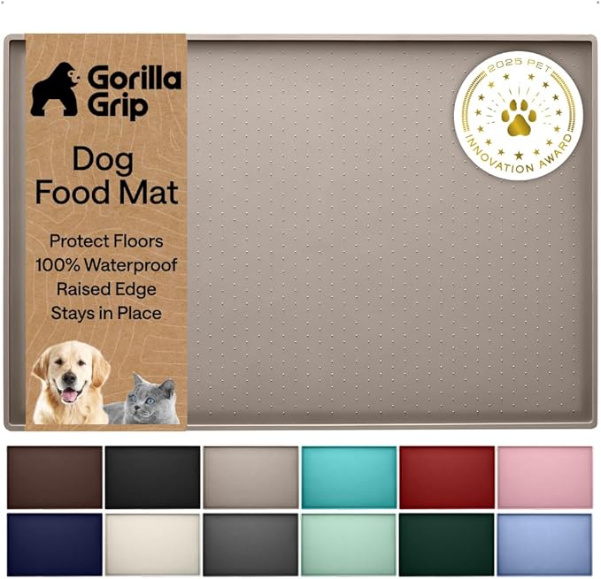 GORILLA GRIP 100% Waterproof Raised Edge BPA Free Silicone Pet Feeding Mat, Dog Cat Food Mats Contain Spills Protects Floors, Placemats for Cats and Dogs Water Bowl, Pets Accessories 18.5x11.5 Beige