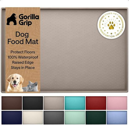 GORILLA GRIP 100% Waterproof Raised Edge BPA Free Silicone Pet Feeding Mat, Dog Cat Food Mats Contain Spills Protects Floors, Placemats for Cats and Dogs Water Bowl, Pets Accessories 18.5x11.5 Beige