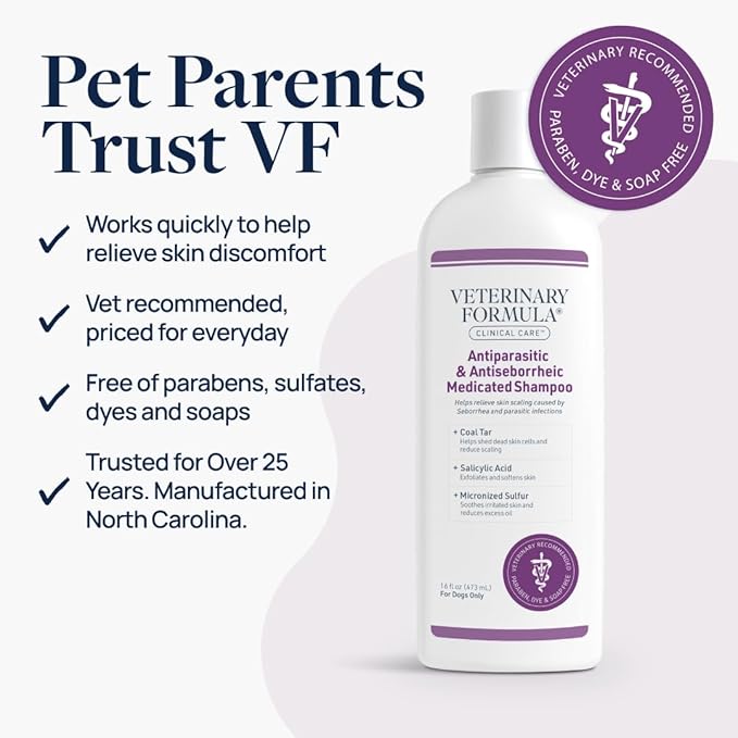 Veterinary Formula Clinical Care Antiparasitic & Antiseborrheic Medicated Dog Shampoo - Helps Support Healthy Skin and Coat, Soothes Flaky, Dry, Greasy Skin - 16 oz (Pack of 2)