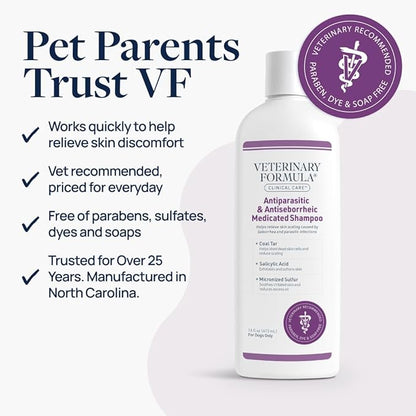 Veterinary Formula Clinical Care Antiparasitic & Antiseborrheic Medicated Dog Shampoo - Helps Support Healthy Skin and Coat, Soothes Flaky, Dry, Greasy Skin - 16 oz (Pack of 2)
