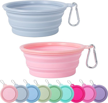 SLSON Collapsible Dog Bowl, 2Pack Macaron Color Pet Travel Bowls Silicone Foldable Water Feeder Dish for Small to Large Dogs Cat Walking Hiking Camping (Macaron Coral and Light Grey, Small)