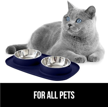 GORILLA GRIP Feeding Mat Bowl Set, 3 Cup 100% Waterproof BPA Free Silicone, 304 Stainless Steel Cat and Dog Bowls for Food and Water, Slip Resistant, High Edge, US Designed, Patent Pending, Navy Blue