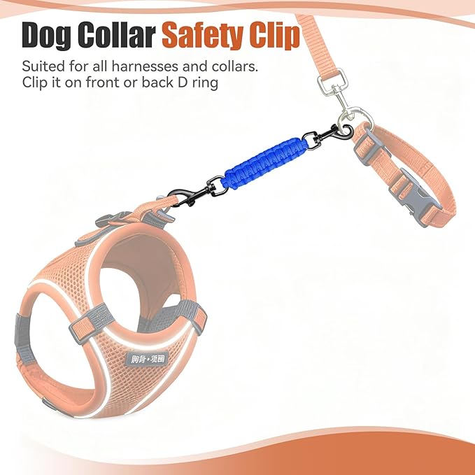 Dog Collar Safety Clip with Dual Clasps,Handmade Backup Safety Strap for Dog Harness, Collars and No Pull Harness Connectors (Navy Blue)