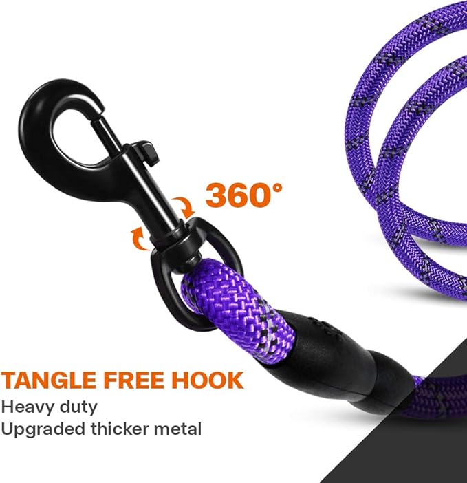 Taglory Rope Dog Leash 4 FT with Comfortable Padded Handle, Highly Reflective Threads Leash and Anti-Tangle Clip for Walking Small Dogs, 3/8 inch, Purple