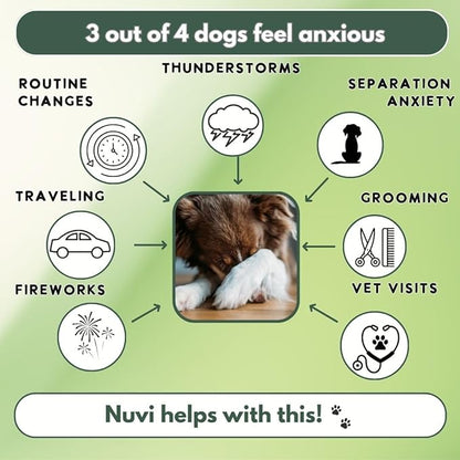 Nuvi Calming Chews for Dogs — Anxiety & Stress Relief Soft Chews | Non-Drowsy, Vet-Recommended Ingredients | Separation Anxiety, Fireworks, Travel | 90 Count