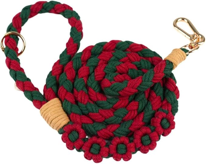 Handmade 5ft Braided Cotton Dog Leash with Unique Floral Handle, Durable and Stylish, Ideal for Small to Large Dogs, Blue & Yellow Twist (Yuletide Petals)
