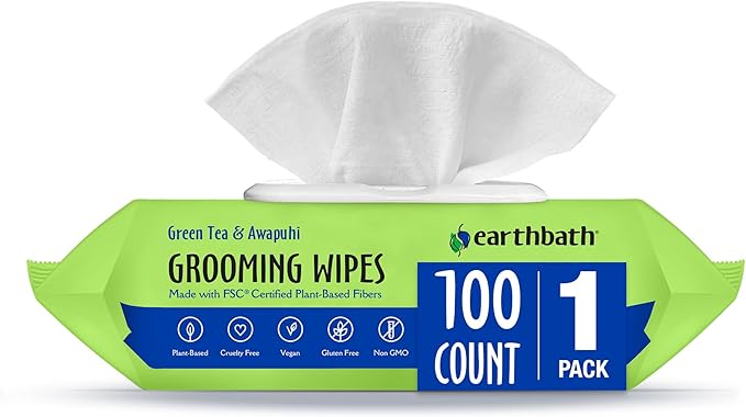 earthbath, Green Tea & Awapuhi Grooming Wipes - Dog Wipes for Paws and Butt, Best Pet Wipes for Dogs & Cats, Made in USA, Cruelty-Free Dog Cleaning Wipes, Removes Dirt & Dander - 100 Count (1 Pack)