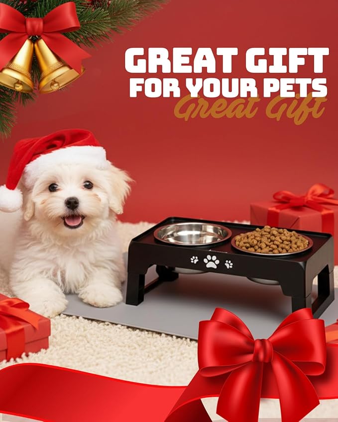 Jovrun Elevated Dog Bowls for Small Dogs and Cats with Mat, Non-Slip Cat Bowls with 2 Thick 5.5" Stainless Steel Dishes, Dog Feeder 2 Heights Adjustable to 2.6"-5.3"
