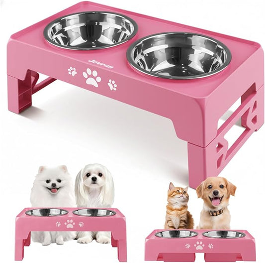 Jovrun Elevated Dog Bowls for Small Dogs and Cats, Non-Slip Cat Bowls with 2 Thick 5.5" Stainless Steel Dishes, Dog Feeder 2 Heights Adjustable to 2.6"-5.3"