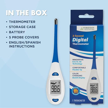 Veridian Healthcare Digital Thermometer | 2-Second Readout | Rate Rapid Read Technology| Flexible Tip | Hygienic Water-Resistant Easy Cleaning | Storage Case + Instructions Included
