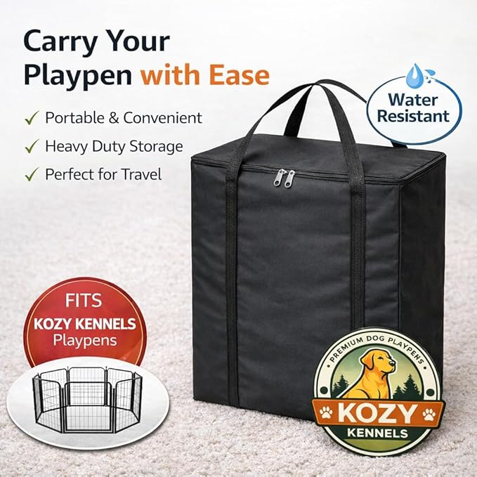 Dog Playpen w/Carrying Case for Indoor or Outdoor Use – 40 Inch, 24 Black Panels - Portable Metal Exercise Pen for Medium & Large Dogs - Pet Fence Kennel Crate for House, RV, or Travel
