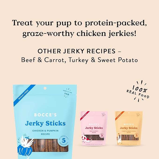 Bocce's Bakery Jerky Stick Dog Treats, Wheat-Free, Made with Limited-Ingredients, Baked in The USA with No Added Salt or Sugar, Natural & High-Protein, Chicken & Pumpkin, 4 oz