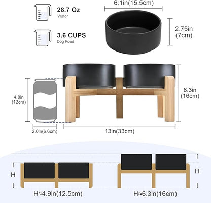 SPUNKYJUNKY Elevated Dog Bowls Ceramic, 6.1'' Dogs and Cat Food Water Bowls Raised with Non-Slip Bamboo Stand for Medium Sized Breed Microwave Dishwasher Safe - 28.7 OZ,Black