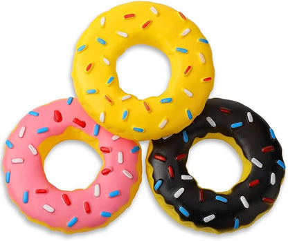 Leitee 3 Pieces 5.3 Inch Assorted Donut Dog Chew Toy with Squeakers Rubber Dog Toy Pink Yellow Black for Interactive Play Small to Medium Dogs Puppy Aggressive Chewers for New Year Gift