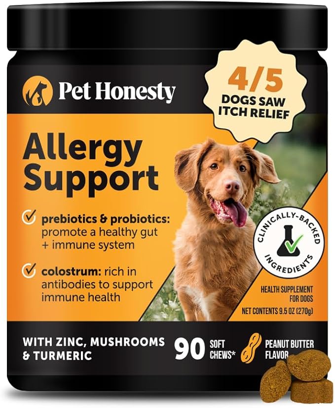Dog Allergy Relief Immunity Chews - Paw Licking, Itching & Seasonal Allergies - With Colostrum, Probiotics, Turmeric & Salmon Oil - Vet Recommended Anti-Itch Supplement for Dogs (Peanut Butter, 90 Ct)