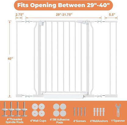 40" Extra Tall Baby Gate for Stairs, Auto Close Stroller Friendly Dog Gate Indoor for Doorways, Pressure Mounted 29"-40" Wide Baby Gate, Easy Walk Through Gate for Children & Pets, White