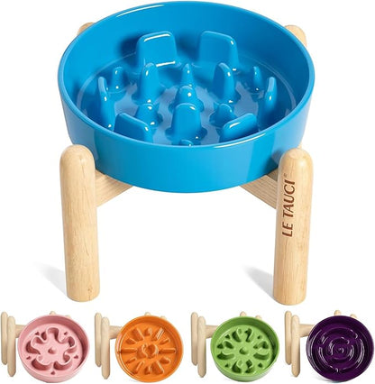 LE TAUCI Ceramic Slow Feed Dog Bowls, Elevated for Small Breeds, 6 inch, Blue, Non-slip