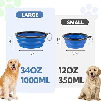 Collapsible Dog Bowls for Travel, 2-Pack Dog Portable Water Bowl for Dogs Cats Pet Foldable Feeding Watering Dish for Parking Camping Walking with 2 Carabiners Clip (12oz, Small, Blue+Green)
