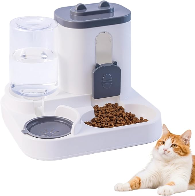 Gravity Cat Feeder and Water Dispenser, 2 in 1 Automatic Cat Feeder, 2 Pack Large Capacity Self Feeding for Small Medium Dog Puppy Kitten （Grey）