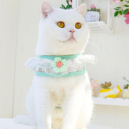 Cat Harness Collar and Leash Set, Sweet Lace Floral Kitten Collar, Escape Proof Puppy Chest Harness, Adjustable Cute Harness Leash Set for Cat Puppy Dog Outdoor Walking (Green, M)