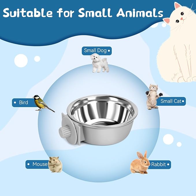 2 Pcs Crate Dog Bowl, Removable Stainless Steel Pet Kennel Hanging Food Water Feeder Bowl Set Non-Spill Cage Feeder for Puppy Small Medium Dog Cat Rabbit Ferret Bird
