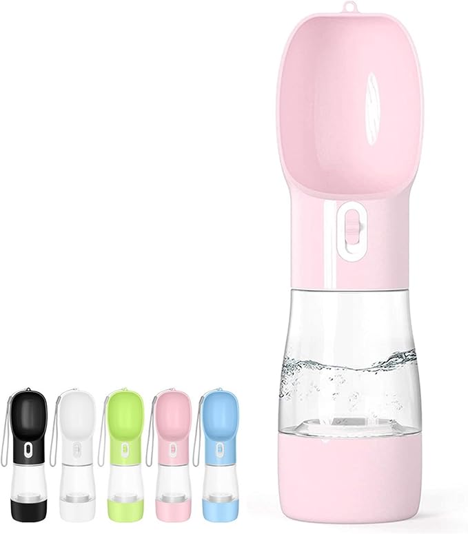 Portable Dog Water Bottle - Leak Proof Dog Water Dispenser with Bowl & Food Container, Dishwasher Safe Food Grade Plastic for Pet Puppy Outdoor Walking Hiking Travel Pink