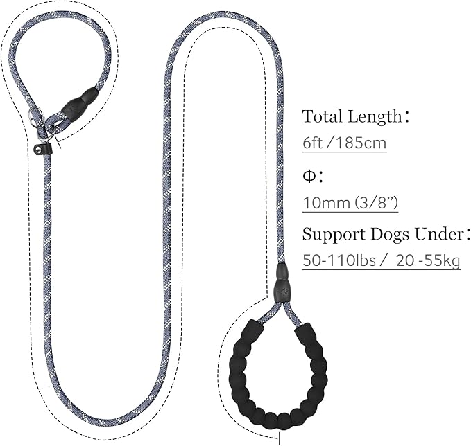 TagME 6ft Slip Dog Lead, No Pull Reflective Training Leash with Padded Handle, Professional Rope P-Leash for Small Medium Large Dogs, Heavy Duty Correction Lead for Walking & Training (Gray)