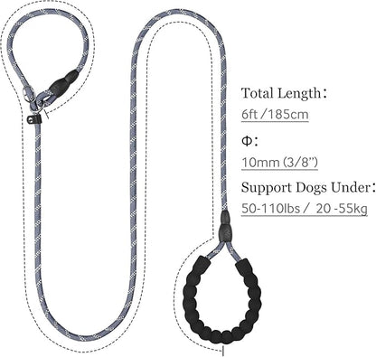 TagME 6ft Slip Dog Lead, No Pull Reflective Training Leash with Padded Handle, Professional Rope P-Leash for Small Medium Large Dogs, Heavy Duty Correction Lead for Walking & Training (Gray)