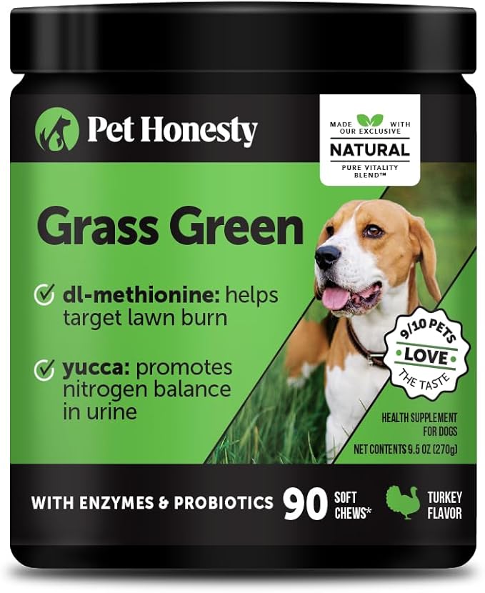 Grass Green Dog Urine Neutralizer for Lawns - Stops Yellow Burn Spots & Brown Grass - Lawn Saver Supplement with dl-Methionine, Probiotics & Digestive Enzymes - Green Grass Chews (Turkey, 90 Ct)