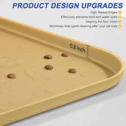 SMILOOL Silicone Pet Feeding Mat with Raised Edge for Food and Water, Dog Bowl Mats, Cat Bowls Placemat with High Lip for Floor Waterproof, Rubber Tray for Cats and Dogs 22 x 14 x0.8 Dark Beige