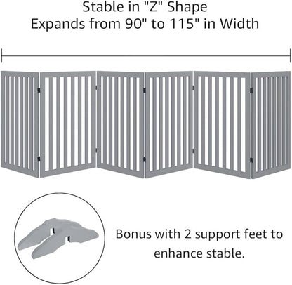 unipaws 120" Extra Wide Pet Gate, Free Standing Dog Gate for Doorways, Stairs, Foldable Gate & Room Divider, Wooden Puppy Playpen, Expandable Barrier for The House, Indoor Use (36" H, Grey)