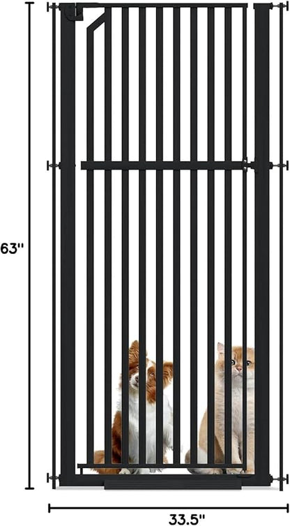 Glaf Extra Tall Pet Gate 63" Pressure Mounted Cat Door Safety Metal Cat Gate Adjustable Width Dog Door Auto-Close Dog Gate for Doorways, Stairs, Kitchen, Hallway (Black, 29.92-33.46")