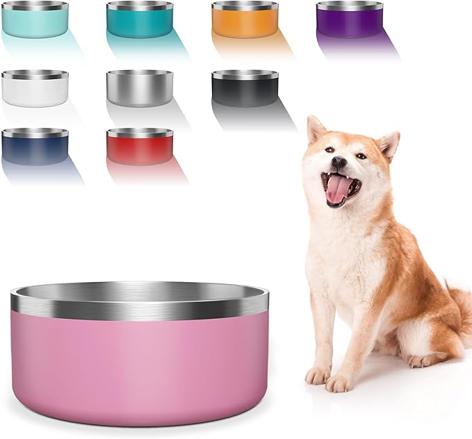 WENBOKMIN Dog Bowl, Stainless Steel Dog Food and Water Bowl with Non Slip Quiet Bottom, Easy to Clean, Dishwasher Safe, 64oz, Pink