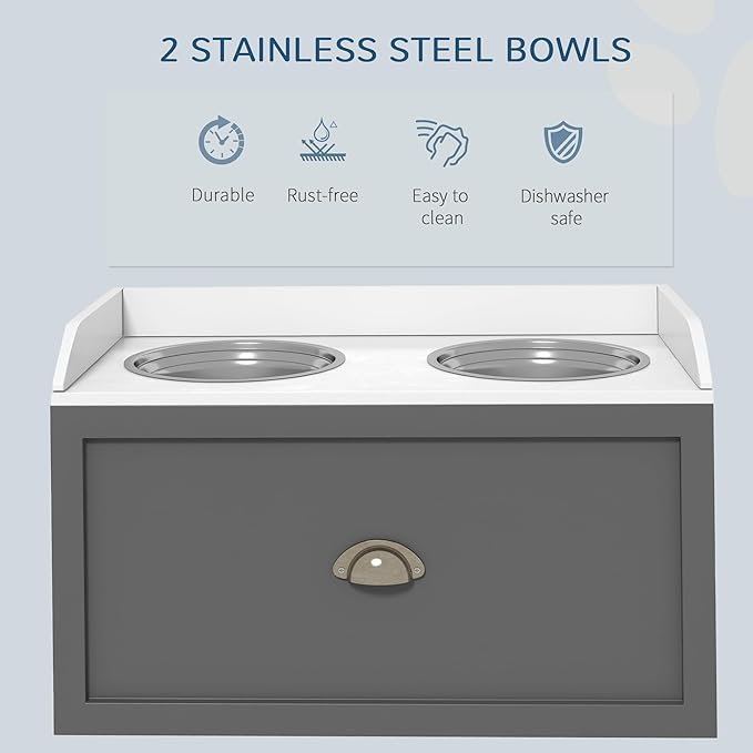 PawHut Feeding Station with Storage Drawer, Food Storage Cabinet with 2 Removable Elevated Bowls for Large Sized Dogs, Gray