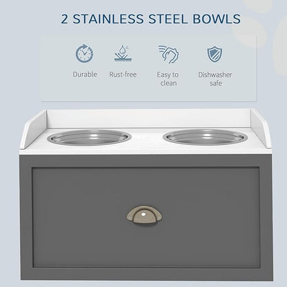 PawHut Feeding Station with Storage Drawer, Food Storage Cabinet with 2 Removable Elevated Bowls for Large Sized Dogs, Gray