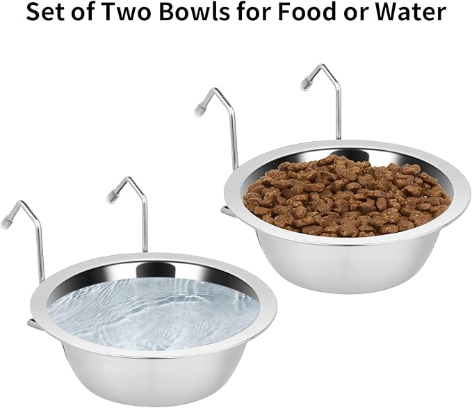 Fri4Free 2PCS Kennel Water Bowl Hanging, Stainless Steel Puppy Bowls for Small Dog Cage, Kennel, Crate, Catio Accessories, Dog Crate Water Bowl Dish Feeder Food Holder No Spill (20oz/2.5cups)
