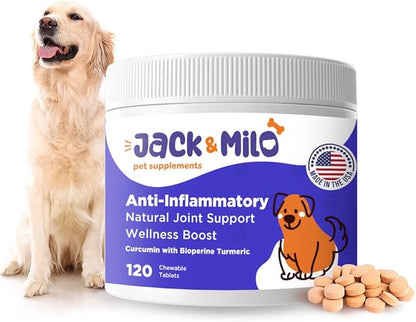 Jack & Milo Supplement Anti Inflammatory for Dogs with Turmeric, Hip, and Joint - Dog Arthritis Pain Relief, Support for Mobility & Wellness, USA Made-GMP Certified, Non-GMO, 120 Tablets