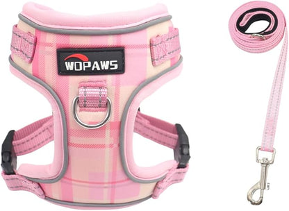 No Pull Dog Harness and Leash Set-Reflective Plaid Design, Adjustable & Comfortable with Front D Ring for Small Medium Dogs (XS, Pink Plaid)