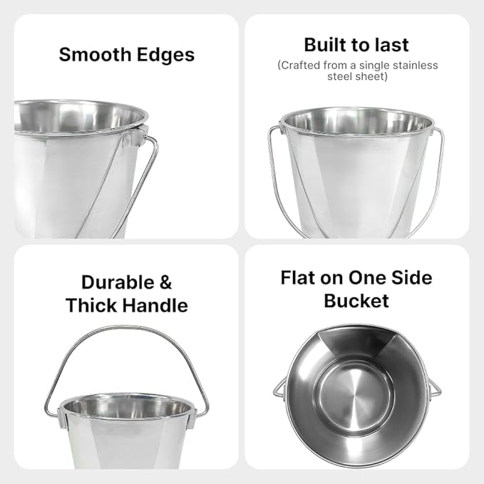 Heavy Duty Stainless Steel Bucket 1.5 Gallon - 6 Quart Flat Side Metal Bucket for Feeding & Watering Pets, Livestock & Cleaning - Perfect for Crates, Kennels, Cages & Hang on Fences