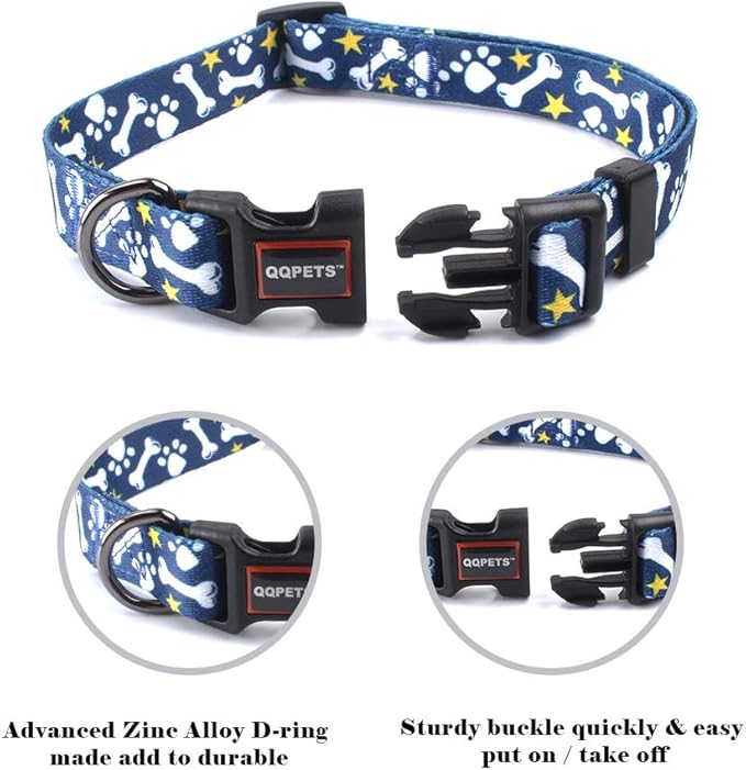 QQPETS Adjustable Soft Dog Collar: Print Flower Pink Multicolor Cute Patterns for XS Small Medium Large Pet Girl Boy Puppy Walking Running Training (XS, Bone)