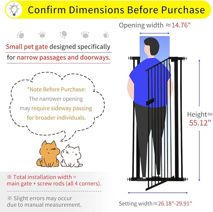 Lumizone Extra Tall Cat Gate 55.12" High Pressure Mounted Extra Wide 2025 New (17 Sizes) 1.37" Gap No Drilling Auto-Close One-Handed Operation Tall Pet Gate for Dogs(Black, 55.12" H x 26.18"-29.91" W)