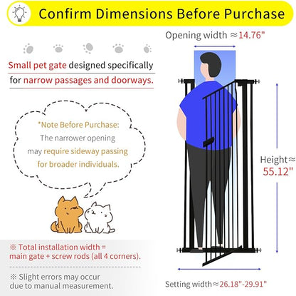 Lumizone Extra Tall Cat Gate 55.12" High Pressure Mounted Extra Wide 2025 New (17 Sizes) 1.37" Gap No Drilling Auto-Close One-Handed Operation Tall Pet Gate for Dogs(Black, 55.12" H x 26.18"-29.91" W)
