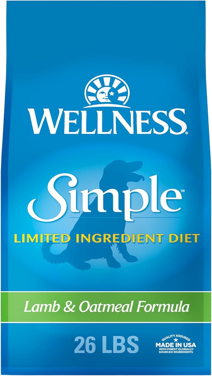 Wellness Simple Limited Ingredient Diet Adult Dry Dog Food, Wholesome Grain Kibble, Sensitive Stomach, Skin & Coat Support, Natural, Chicken Free, Lamb and Oatmeal Recipe, 26 lb Bag