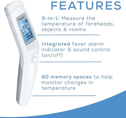 Beurer 3-in-1 Forehead Non-Contact, Body, Surface, Room Temperature, High Accuracy, Large Blue Backlit LCD Display Thermometer, 60 Memory Spaces, FT90 White, 32 Count (Pack of 1)
