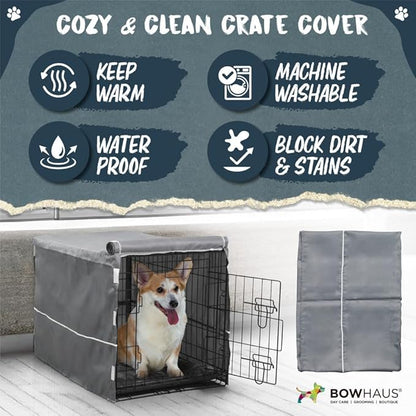 BOWHAUS 30-Inch Single Door Dog Crate Kit Includes Crate Cover and Soft Dog Bed, Indoor Dog Cage with Leak-Proof Pan, Foldable Wire Metal Dog Kennel for Small, Medium Dog