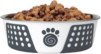PetRageous 15002 Fiji Stainless Steel Non-Slip Dishwasher Safe Dog Bowl 6.5-Cup Capacity 8.5-inch Diameter 2.75-inch Tall for Large and Extra Large Dogs, White and Slate Blue