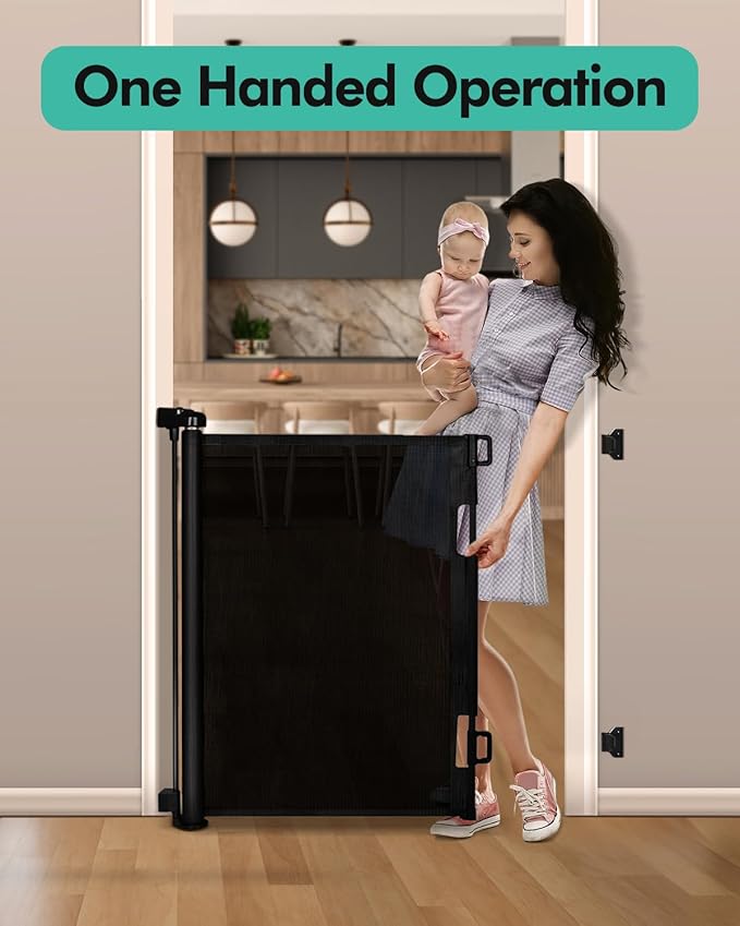 2PCS Retractable Baby Gates, Mesh Dog Gate for Doorways, 33.6" Tall, Expands to 55" Wide,Pet Safety Essential Fit for Baseboards, Wide Toddlers Gates for Hallways, Indoor & Outdoor,Black