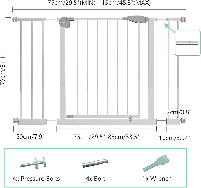 29.5-44.1" Wide Safety Pet Gate, Indoor Dog Gate for Stairs No Jumping Over, No Drilling Pressure Mount Kit, Auto Close Cat Gate Suitable for Stairs, Doorways, White