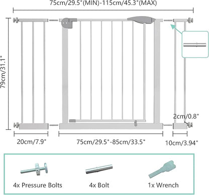29.5-44.1" Wide Safety Pet Gate, Indoor Dog Gate for Stairs No Jumping Over, No Drilling Pressure Mount Kit, Auto Close Cat Gate Suitable for Stairs, Doorways, White